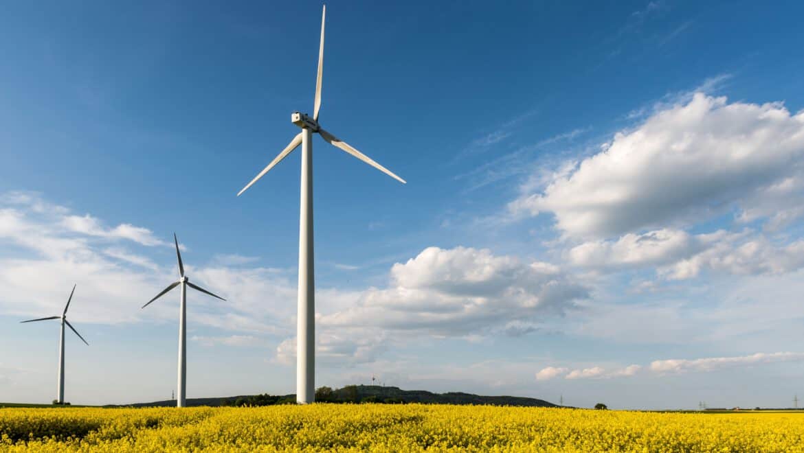 Windräder auf einem Feld bei Karlsruhe unter blauem Himmel.
